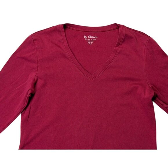 By Chicos Red V-Neck 3/4 Sleeve Top Size L - Picture 2 of 5